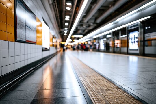 Modern underground subway station with a sleek, clean platform and a train stopped at the platform, featuring tactile paving and illuminated signage.