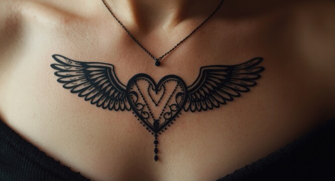 Bohemian blackwork heart tattoo with wings and dotwork for mystical love design