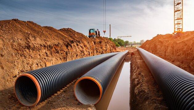 new water or sewage pipes in a trench during construction work