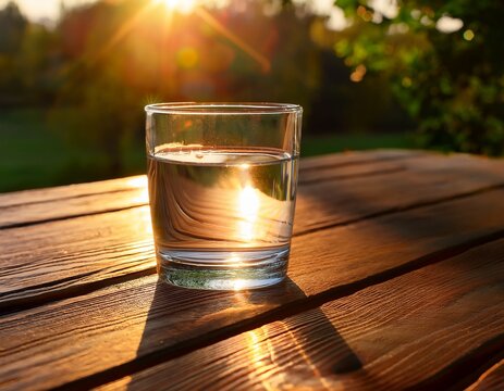 glass of clear water on a wooden table bathed in warm morning sunlight