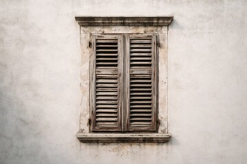 Fototapeta premium Traditional window with weathered louvers and minimalist white backdrop
