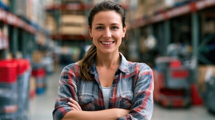 Fototapeta premium A confident young woman in a plaid shirt smiles with arms crossed in a large warehouse filled with shelves and boxes.