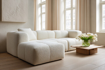 Fototapeta premium Luxury modular textured sofa in modern bright living room