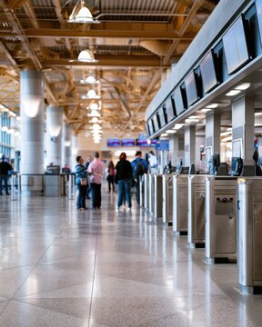 A modern airport terminal with check-in counters on the right and passengers standing and conversing in the background under warm lighting and high ceilings.
