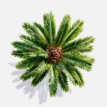 Top-down view of a green palm plant with long fronds radiating symmetrically from the center on a white background.