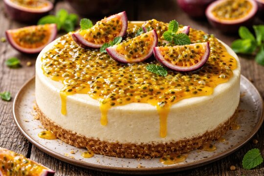 Sweet baked cheesecake garnished with vibrant passion fruit pulp