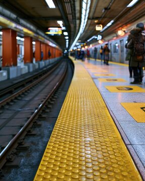 A subway station platform with tactile paving, people waiting, and a train arriving in an underground metro setting.