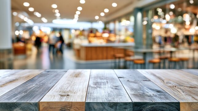 A blurred indoor shopping mall with a wooden table in the foreground, showcasing a bright and busy retail environment.