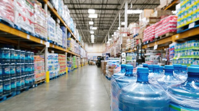 A large warehouse aisle stocked with pallets of bottled water and various packaged goods on high shelves under bright industrial lighting.