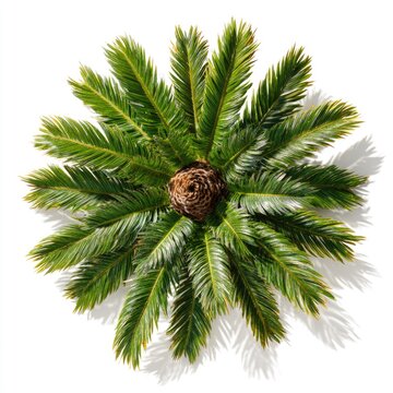 Top view of a lush green cycad plant with long, feather-like leaves radiating symmetrically from a central brown cone.