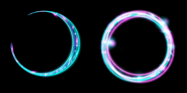 Glowing neon light effect circle and half circle with sparkling starbursts on black background