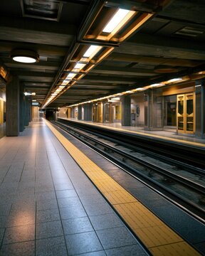 An empty, modern underground subway station with tiled floors, yellow tactile paving, and overhead fluorescent lighting.