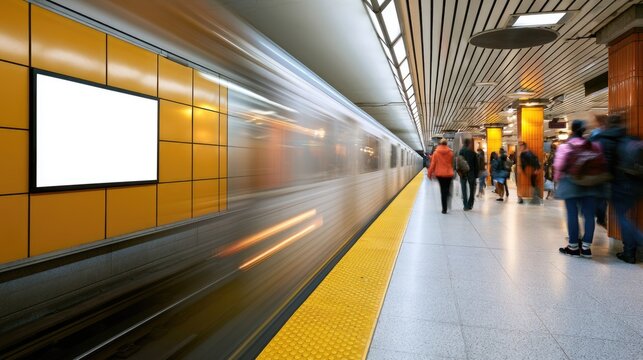 A subway train speeds through a busy underground station with commuters walking along the platform.