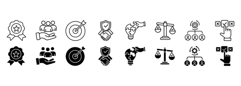 Business core values icon set. quality and customers Vector Illustration