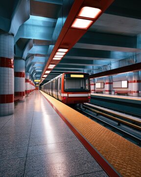 A modern subway train at a clean, well-lit underground station with tiled walls and an orange safety platform strip.