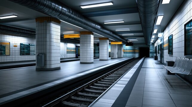 A modern, empty subway station with tiled columns, metal benches, and overhead lighting creating a clean urban transit environment.