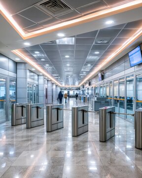 A modern, brightly lit corridor with security turnstiles and glass partitions, leading to an area with digital screens and people walking in the distance.