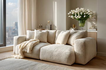 Fototapeta premium Elegant light-filled living room with white sofa and tulips