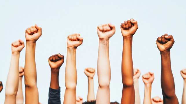 Many hands and arms of different ethnicities are rising up in the air, making fists as a sign of protest, strength, and unity against a clear blue sky