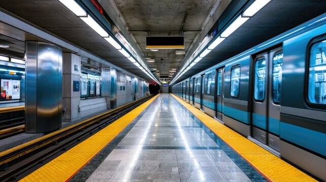 A modern, empty subway platform with a stationary train and reflective floor under bright overhead lights.
