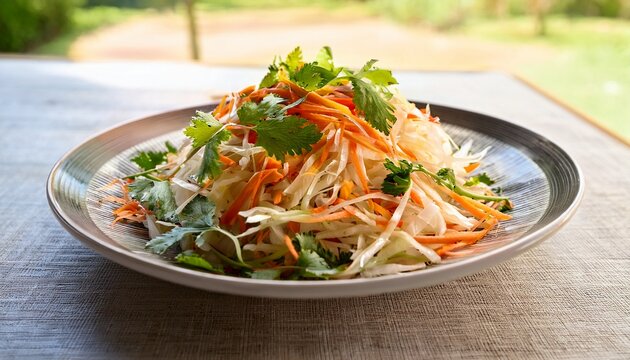 a plate of shredded cabbage and carrots with herbs likely a vietnamese salad itrs being presented on a light colored table outdoors in natural sunlight
