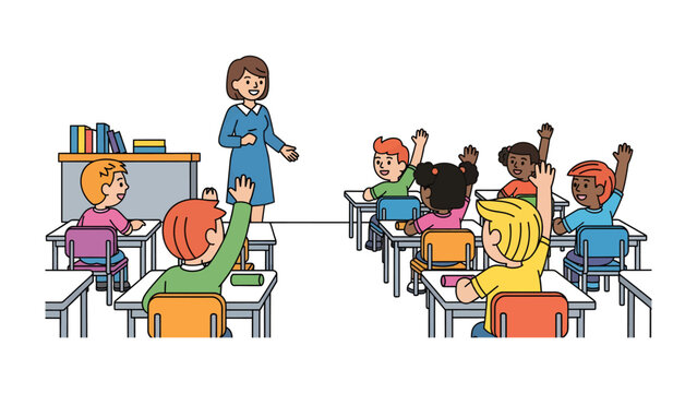 Eager Students in Classroom: A teacher leads a lesson in a bright classroom, with several attentive students raising their hands, eager to participate and answer questions.