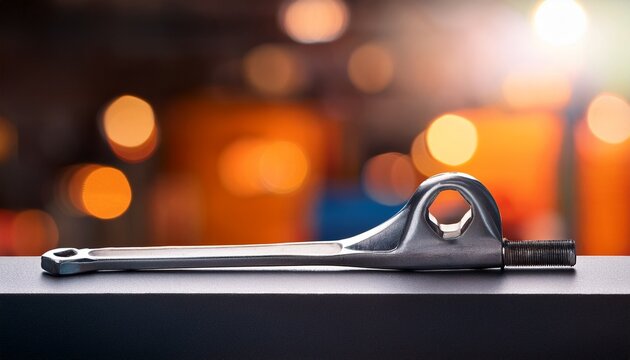 metal tool rests on a flat surface with a blurred background