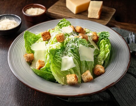 a plate of caesar salad with romaine lettuce croutons and parmesan cheese
