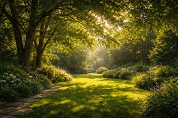 Obraz premium Sun-dappled verdant yard with dense tree foliage overhead