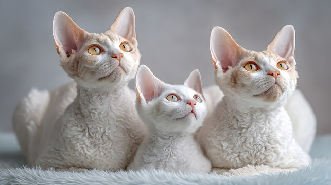 devon rex cats group curly hair white cats sitting together studio portrait
