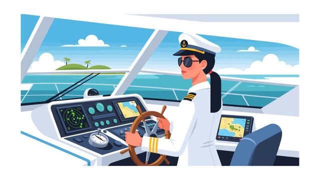 Captain at the Helm: A female captain in a white uniform and hat confidently steers a yacht through the open sea, surrounded by the vast expanse of blue water and a clear sky.