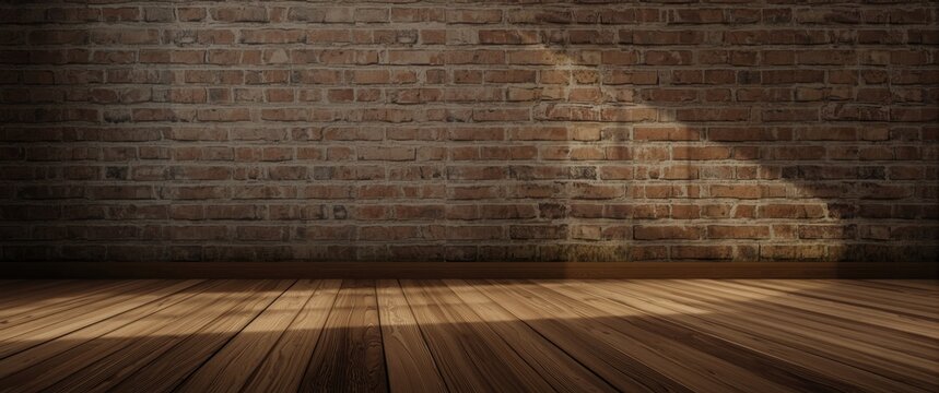 Blank wooden floor texture set before a weathered brick wall background with gentle lighting