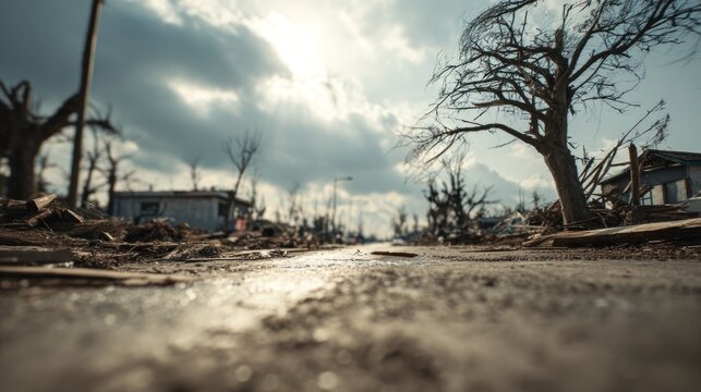 Desolate landscape of a post-apocalyptic world with fallen trees and a cloudy sky
