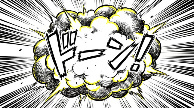 Manga style explosion with Japanese text, visual effect for action scenes and graphic novels