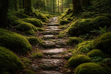 Fototapeta premium Forest floor featuring a stony path blanketed by vibrant green moss