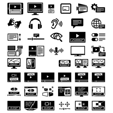 Assistive media closed captioning screen layout video subtitle icons set