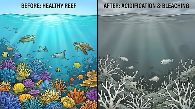 Before and after split screen comparison of a vibrant healthy coral reef versus ocean acidification and bleaching for World Ocean Day awareness