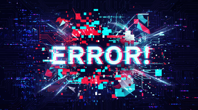Digital glitch effect with the word 'ERROR!' in bright red and blue, conveying a system failure or data corruption