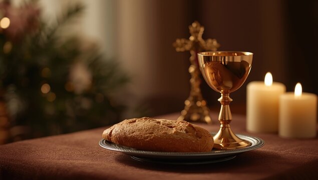 Blessed Communion with chalice of wine and unleavened bread reflecting sacred Last Supper