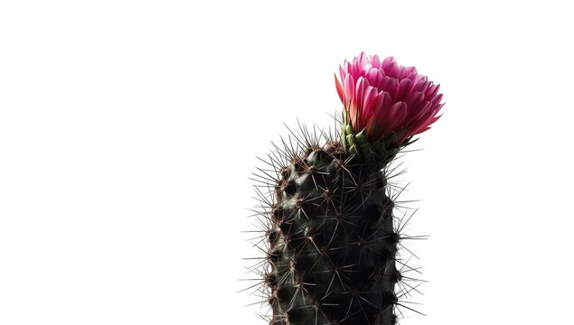 Black cactus spiking with flower isolated on clean white background