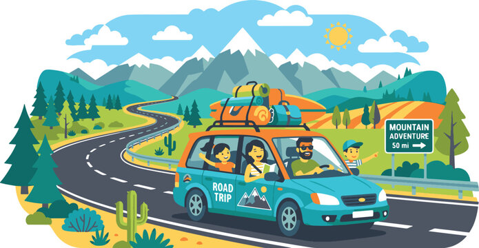 Colorful road trip illustration with family in a car