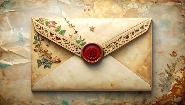 Vintage ornate envelope with red wax seal and decorative lace border, festive floral pattern, aged paper texture, conveying tradition and elegance.