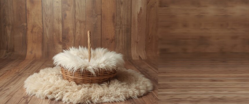 Baby photoshoot prop of wicker basket filled with white fur on natural wooden backdrop