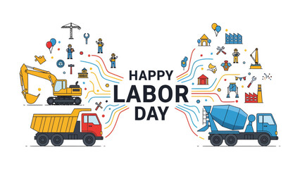 Happy Labor Day: A festive graphic celebrating Labor Day, featuring construction vehicles, tools, and small figures of workers. © Ajhar234