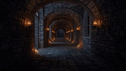 Naklejka premium Candlelit stone hallway creating a mysterious medieval church atmosphere