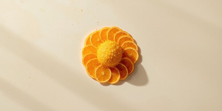 Aerial view of orange zest mound enclosed by fresh orange slices on a minimal light texture