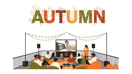 Naklejka premium Autumn Gathering: A cozy outdoor autumn gathering with friends watching a movie on a big screen, enjoying bean bags and fairy lights, embracing the spirit of the season.
