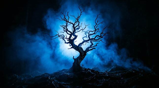 Mysterious Bare Tree Illuminated by Eerie Blue Light and Fog on a Rocky Terrain