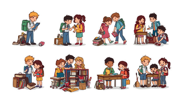 Back to School Vignettes: A charming collection of cartoon illustrations depicts children in various school-related scenarios, showcasing friendship, learning.