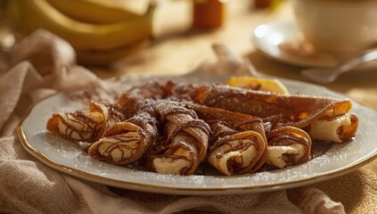 Fototapeta premium Chocolate banana stuffed French crepes displayed with copy space for design or text